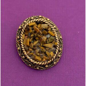 Vintage Mid Century Tigers Eye Gold Tone Brooch - Q17